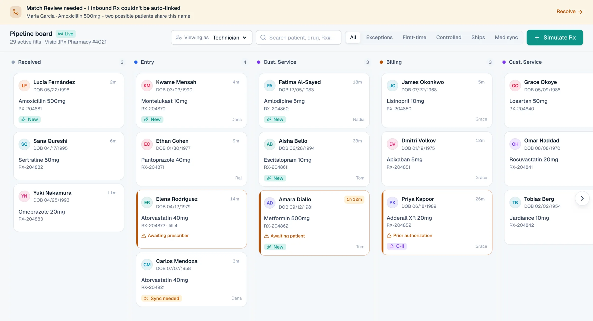 The VisipillRx pharmacy staff pipeline board: prescriptions sorted into Received, Entry, Customer Service and Billing columns, each card showing the patient, drug and Rx number, with a match-review alert across the top.